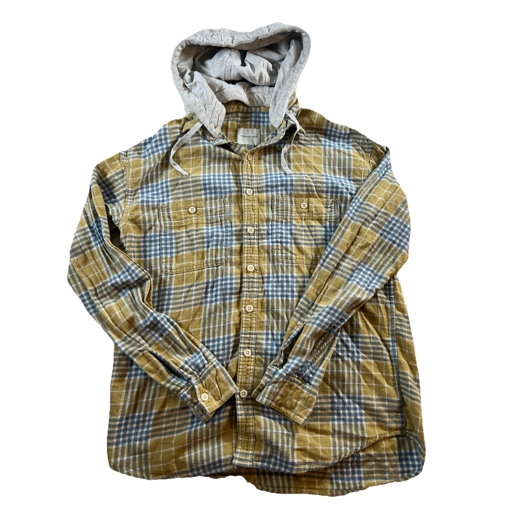 American‎ Eagle Flannel Shirt Mens M  Tall Plaid Yellow Blue Button Up w/ Hood